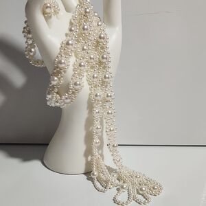 Vintage-1950's Faux Pearl Wide Tassel Necklace